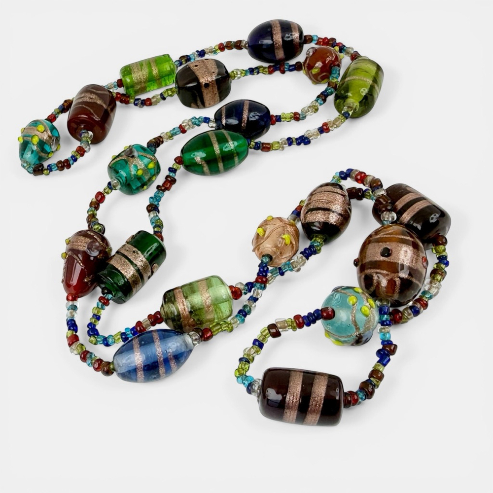 Vintage 1960s Venetian Lampwork Glass Necklace, Aventurine Art Glass Beads - Picture 5 of 7